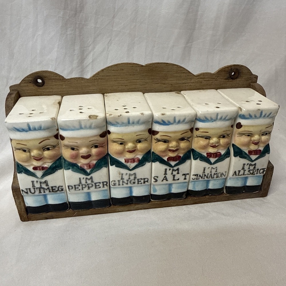 Vintage 6 Pc Spice Shaker Set w/Wooden Wall Shelf- circa 1950's- Japan